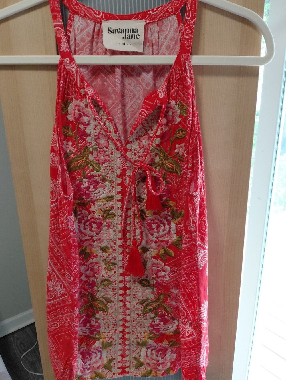 Savanna Jane Red Floral Embroidered Tassel Tank Top